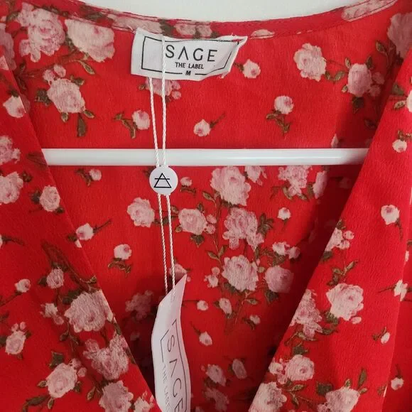 NWT Sage the Label Lulus Red Floral Wrap Top - Puff Sleeve Peplum Blouse-Mediu - Picture 5 of 8